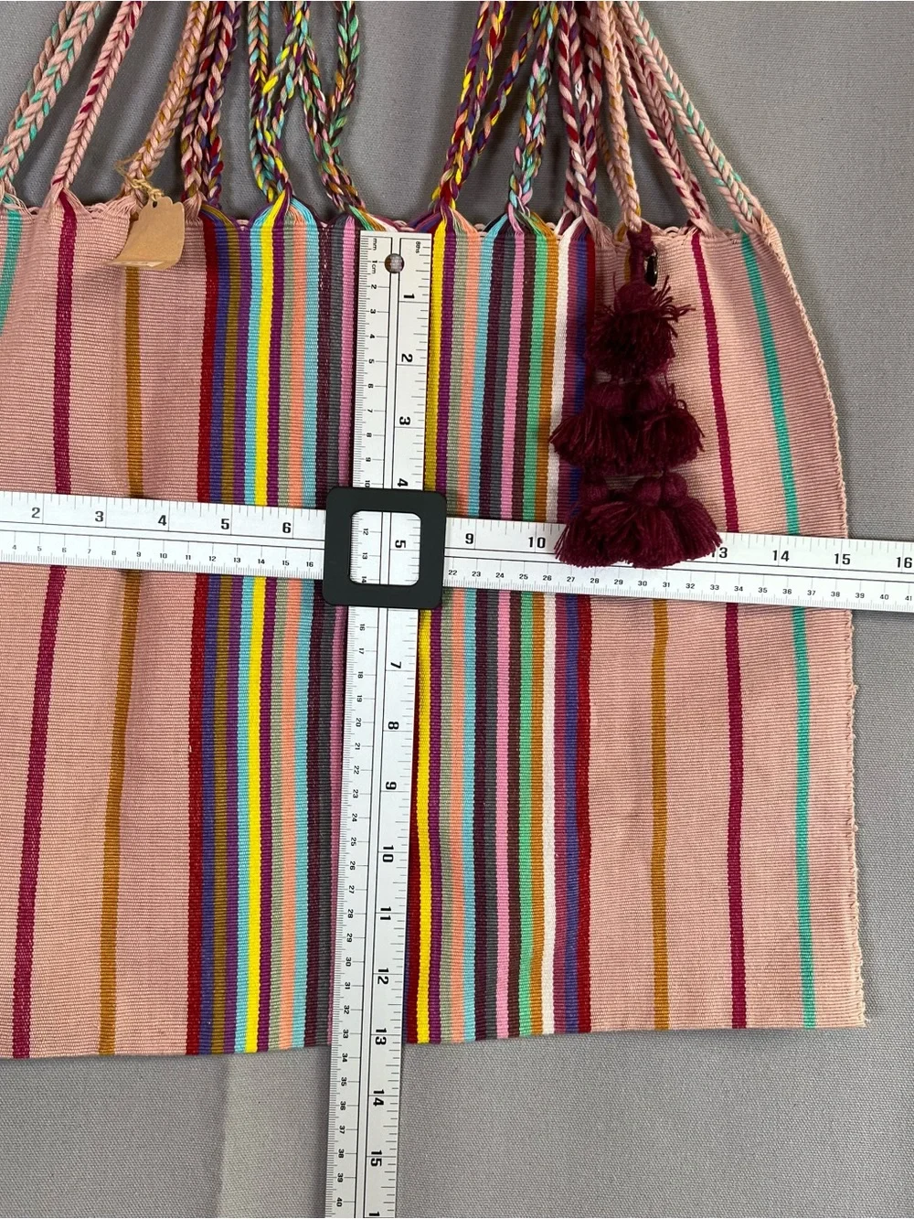 Boho ColorfulStriped Braided Handle Tote Bag w/Tassels WovenTexture BeachSummer